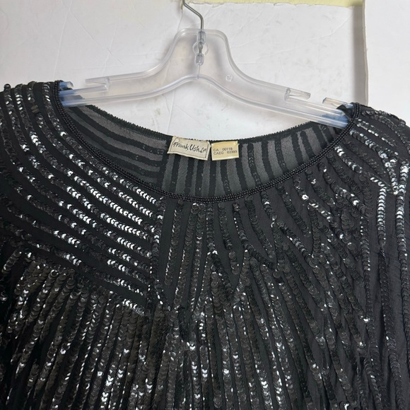 Frank Usher Vintage 1980 100% Silk Sequin Beaded Top Evening Crew Lined Black L - Picture 13 of 16